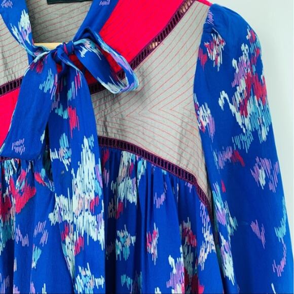 LUX | NWOT Blue Colorful Print Flowy Silk Neck Tie Long Sleeve Mini Tunic Dress - Picture 3 of 5